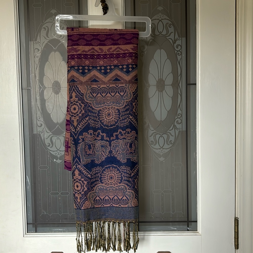 Pashmina 100% Cashmere Woven Elephant Pattern Scarf in Purple, Blue, Pink Multi